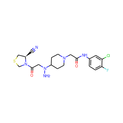N#C[C@@H]1CSCN1C(=O)CN(N)C1CCN(CC(=O)Nc2ccc(F)c(Cl)c2)CC1 ZINC000049021087