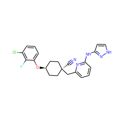 N#C[C@]1(Cc2cccc(Nc3cc[nH]n3)n2)CC[C@@H](Oc2cccc(Cl)c2F)CC1 ZINC001772637529