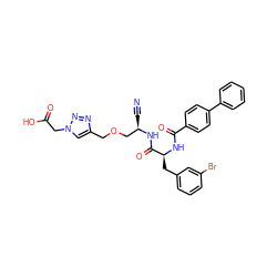 N#C[C@H](COCc1cn(CC(=O)O)nn1)NC(=O)[C@H](Cc1cccc(Br)c1)NC(=O)c1ccc(-c2ccccc2)cc1 ZINC000653878522