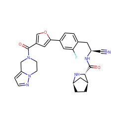 N#C[C@H](Cc1ccc(-c2cc(C(=O)N3CCn4nccc4C3)co2)cc1F)NC(=O)[C@H]1N[C@@H]2CC[C@H]1C2 ZINC000220831550