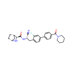 N#C[C@H](Cc1ccc(-c2ccc(C(=O)N3CCCCC3)cc2)cc1F)NC(=O)[C@H]1N[C@@H]2CC[C@H]1C2 ZINC000220831012