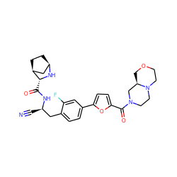 N#C[C@H](Cc1ccc(-c2ccc(C(=O)N3CCN4CCOC[C@@H]4C3)o2)cc1F)NC(=O)[C@H]1N[C@@H]2CC[C@H]1C2 ZINC000220820921