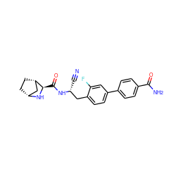 N#C[C@H](Cc1ccc(-c2ccc(C(N)=O)cc2)cc1F)NC(=O)[C@H]1N[C@@H]2CC[C@H]1C2 ZINC000219311449