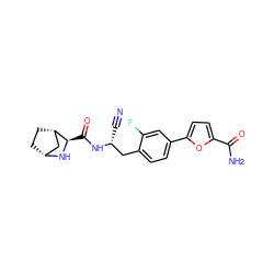 N#C[C@H](Cc1ccc(-c2ccc(C(N)=O)o2)cc1F)NC(=O)[C@H]1N[C@@H]2CC[C@H]1C2 ZINC000219291433