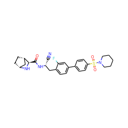 N#C[C@H](Cc1ccc(-c2ccc(S(=O)(=O)N3CCCCC3)cc2)cc1F)NC(=O)[C@H]1N[C@@H]2CC[C@H]1C2 ZINC000219322514