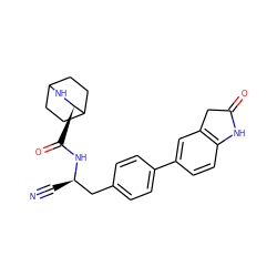 N#C[C@H](Cc1ccc(-c2ccc3c(c2)CC(=O)N3)cc1)NC(=O)[C@H]1NC2CCC1CC2 ZINC000169709121