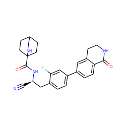 N#C[C@H](Cc1ccc(-c2ccc3c(c2)CCNC3=O)cc1F)NC(=O)C12CCC(CC1)CN2 ZINC000169710026