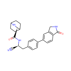 N#C[C@H](Cc1ccc(-c2ccc3c(c2)CNC3=O)cc1)NC(=O)[C@H]1NC2CCC1CC2 ZINC000169709118