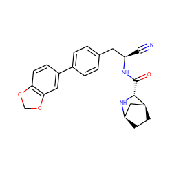 N#C[C@H](Cc1ccc(-c2ccc3c(c2)OCO3)cc1)NC(=O)[C@H]1N[C@@H]2CC[C@H]1C2 ZINC000221932878