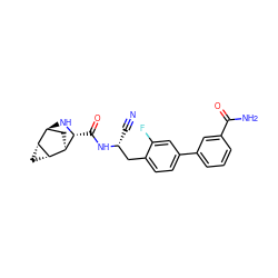 N#C[C@H](Cc1ccc(-c2cccc(C(N)=O)c2)cc1F)NC(=O)[C@H]1N[C@H]2C[C@@H]1[C@@H]1C[C@H]21 ZINC000219311623