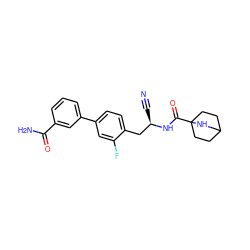 N#C[C@H](Cc1ccc(-c2cccc(C(N)=O)c2)cc1F)NC(=O)C12CCC(CC1)CN2 ZINC000169710028