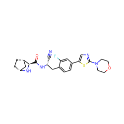 N#C[C@H](Cc1ccc(-c2cnc(N3CCOCC3)s2)cc1F)NC(=O)[C@H]1N[C@@H]2CC[C@H]1C2 ZINC000219324734