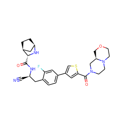 N#C[C@H](Cc1ccc(-c2csc(C(=O)N3CCN4CCOC[C@@H]4C3)c2)cc1F)NC(=O)[C@H]1N[C@@H]2CC[C@H]1C2 ZINC000220833470