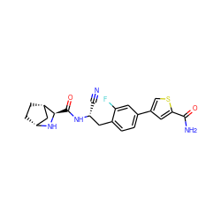 N#C[C@H](Cc1ccc(-c2csc(C(N)=O)c2)cc1F)NC(=O)[C@H]1N[C@@H]2CC[C@H]1C2 ZINC000219301131