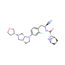 N#C[C@H](Cc1ccc(N2CC[C@@H]3CN([C@@H]4CCOC4)C[C@@H]32)cc1F)NC(=O)[C@H]1N[C@@H]2CC[C@H]1C2 ZINC000219322278