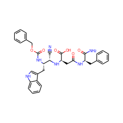 N#C[C@H](N[C@H](CC(=O)N[C@H](Cc1ccccc1)C(N)=O)C(=O)O)[C@H](Cc1c[nH]c2ccccc12)NC(=O)OCc1ccccc1 ZINC000027992643