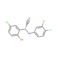 N#C[C@H](Nc1ccc(F)c(Cl)c1)c1cc(Cl)ccc1O ZINC000218221983