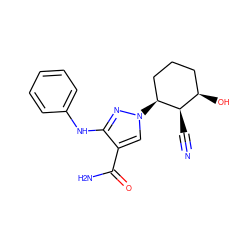 N#C[C@H]1[C@@H](n2cc(C(N)=O)c(Nc3ccccc3)n2)CCC[C@H]1O ZINC000221874891