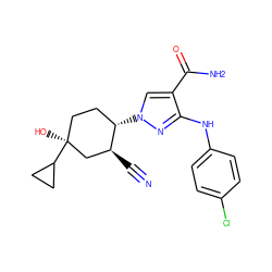 N#C[C@H]1C[C@@](O)(C2CC2)CC[C@@H]1n1cc(C(N)=O)c(Nc2ccc(Cl)cc2)n1 ZINC000221210803