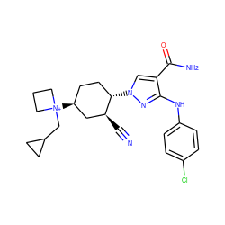 N#C[C@H]1C[C@@H]([N+]2(CC3CC3)CCC2)CC[C@@H]1n1cc(C(N)=O)c(Nc2ccc(Cl)cc2)n1 ZINC000221825119