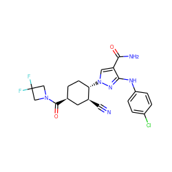 N#C[C@H]1C[C@@H](C(=O)N2CC(F)(F)C2)CC[C@@H]1n1cc(C(N)=O)c(Nc2ccc(Cl)cc2)n1 ZINC000221197754