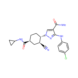 N#C[C@H]1C[C@@H](C(=O)NC2CC2)CC[C@@H]1n1cc(C(N)=O)c(Nc2ccc(Cl)cc2)n1 ZINC000221207773