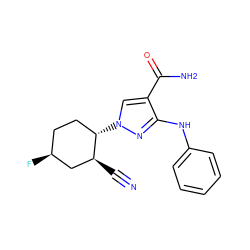 N#C[C@H]1C[C@@H](F)CC[C@@H]1n1cc(C(N)=O)c(Nc2ccccc2)n1 ZINC000221839494