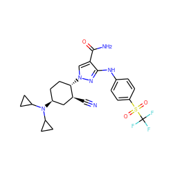 N#C[C@H]1C[C@@H](N(C2CC2)C2CC2)CC[C@@H]1n1cc(C(N)=O)c(Nc2ccc(S(=O)(=O)C(F)(F)F)cc2)n1 ZINC000221185455