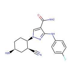 N#C[C@H]1C[C@@H](N)CC[C@H]1n1cc(C(N)=O)c(Nc2ccc(F)cc2)n1 ZINC000221156468