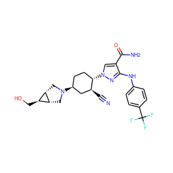 N#C[C@H]1C[C@@H](N2C[C@@H]3[C@@H](CO)[C@@H]3C2)CC[C@@H]1n1cc(C(N)=O)c(Nc2ccc(C(F)(F)F)cc2)n1 ZINC000261161788