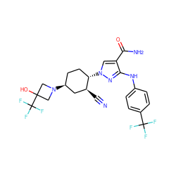 N#C[C@H]1C[C@@H](N2CC(O)(C(F)(F)F)C2)CC[C@@H]1n1cc(C(N)=O)c(Nc2ccc(C(F)(F)F)cc2)n1 ZINC000221214412