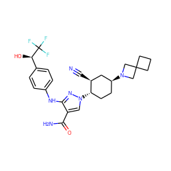 N#C[C@H]1C[C@@H](N2CC3(CCC3)C2)CC[C@@H]1n1cc(C(N)=O)c(Nc2ccc([C@@H](O)C(F)(F)F)cc2)n1 ZINC000221094921