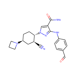 N#C[C@H]1C[C@@H](N2CCC2)CC[C@@H]1n1cc(C(N)=O)c(Nc2ccc(C=O)cc2)n1 ZINC000221865299