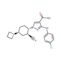 N#C[C@H]1C[C@@H](N2CCC2)CC[C@@H]1n1cc(C(N)=O)c(Nc2ccc(Cl)cc2)n1 ZINC000221159843