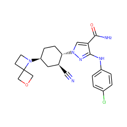 N#C[C@H]1C[C@@H](N2CCC23COC3)CC[C@@H]1n1cc(C(N)=O)c(Nc2ccc(Cl)cc2)n1 ZINC000221172897