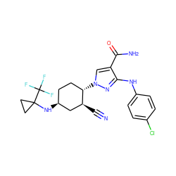 N#C[C@H]1C[C@@H](NC2(C(F)(F)F)CC2)CC[C@@H]1n1cc(C(N)=O)c(Nc2ccc(Cl)cc2)n1 ZINC000222980327