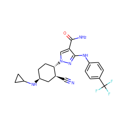 N#C[C@H]1C[C@@H](NC2CC2)CC[C@@H]1n1cc(C(N)=O)c(Nc2ccc(C(F)(F)F)cc2)n1 ZINC000205009823