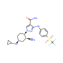 N#C[C@H]1C[C@@H](NC2CC2)CC[C@H]1n1cc(C(N)=O)c(Nc2ccc(S(=O)(=O)C(F)(F)F)cc2)n1 ZINC000221226439