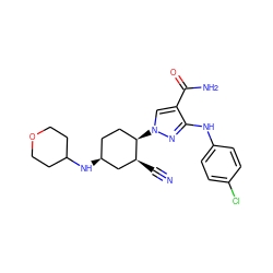 N#C[C@H]1C[C@@H](NC2CCOCC2)CC[C@H]1n1cc(C(N)=O)c(Nc2ccc(Cl)cc2)n1 ZINC000221188887