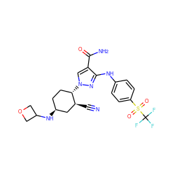 N#C[C@H]1C[C@@H](NC2COC2)CC[C@@H]1n1cc(C(N)=O)c(Nc2ccc(S(=O)(=O)C(F)(F)F)cc2)n1 ZINC000221184800