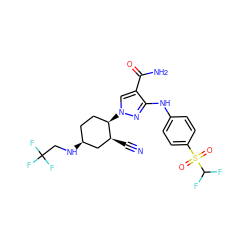 N#C[C@H]1C[C@@H](NCC(F)(F)F)CC[C@H]1n1cc(C(N)=O)c(Nc2ccc(S(=O)(=O)C(F)F)cc2)n1 ZINC000221230897