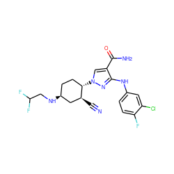 N#C[C@H]1C[C@@H](NCC(F)F)CC[C@@H]1n1cc(C(N)=O)c(Nc2ccc(F)c(Cl)c2)n1 ZINC000221135506