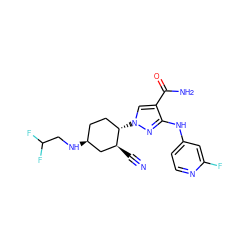 N#C[C@H]1C[C@@H](NCC(F)F)CC[C@@H]1n1cc(C(N)=O)c(Nc2ccnc(F)c2)n1 ZINC000221203671