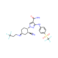 N#C[C@H]1C[C@@H](NCCC(F)(F)F)CC[C@@H]1n1cc(C(N)=O)c(Nc2ccc(S(=O)(=O)C(F)(F)F)cc2)n1 ZINC000221081497