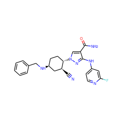 N#C[C@H]1C[C@@H](NCc2ccccc2)CC[C@@H]1n1cc(C(N)=O)c(Nc2ccnc(F)c2)n1 ZINC000222974594