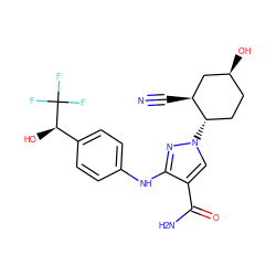 N#C[C@H]1C[C@@H](O)CC[C@@H]1n1cc(C(N)=O)c(Nc2ccc([C@@H](O)C(F)(F)F)cc2)n1 ZINC000221186754