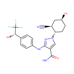 N#C[C@H]1C[C@@H](O)CC[C@@H]1n1cc(C(N)=O)c(Nc2ccc([C@H](O)C(F)(F)F)cc2)n1 ZINC000221186703