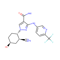 N#C[C@H]1C[C@@H](O)CC[C@@H]1n1cc(C(N)=O)c(Nc2ccc(C(F)(F)F)nc2)n1 ZINC000205018263