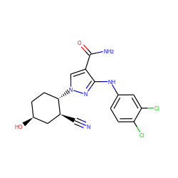 N#C[C@H]1C[C@@H](O)CC[C@@H]1n1cc(C(N)=O)c(Nc2ccc(Cl)c(Cl)c2)n1 ZINC000204965740