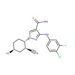 N#C[C@H]1C[C@@H](O)CC[C@@H]1n1cc(C(N)=O)c(Nc2ccc(Cl)c(F)c2)n1 ZINC000204957318